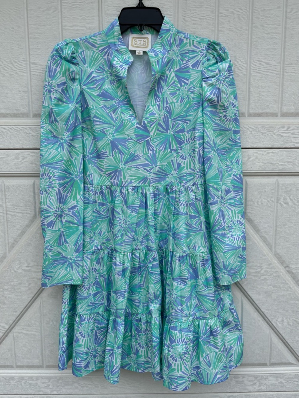 Sail to Sable Tiered Mini Dress Size S Blue Green Print Puff Sleeve Cotton NWOT